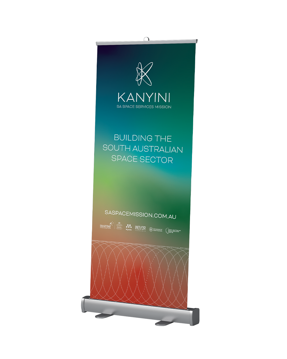 Roll-up banner with a gradient background from blue to green to red, displaying the logo, name, and message about South Australian space sector development, including the website URL saspacemission.com.au.
