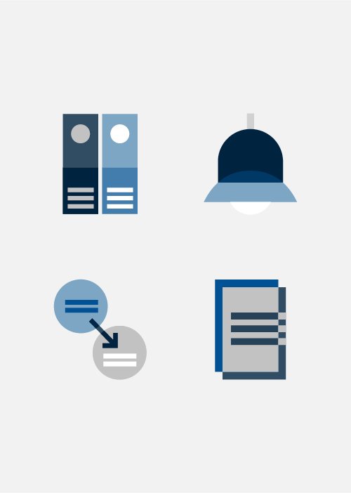 Office supplies including two binders, a hanging light, a flowchart, and a document.