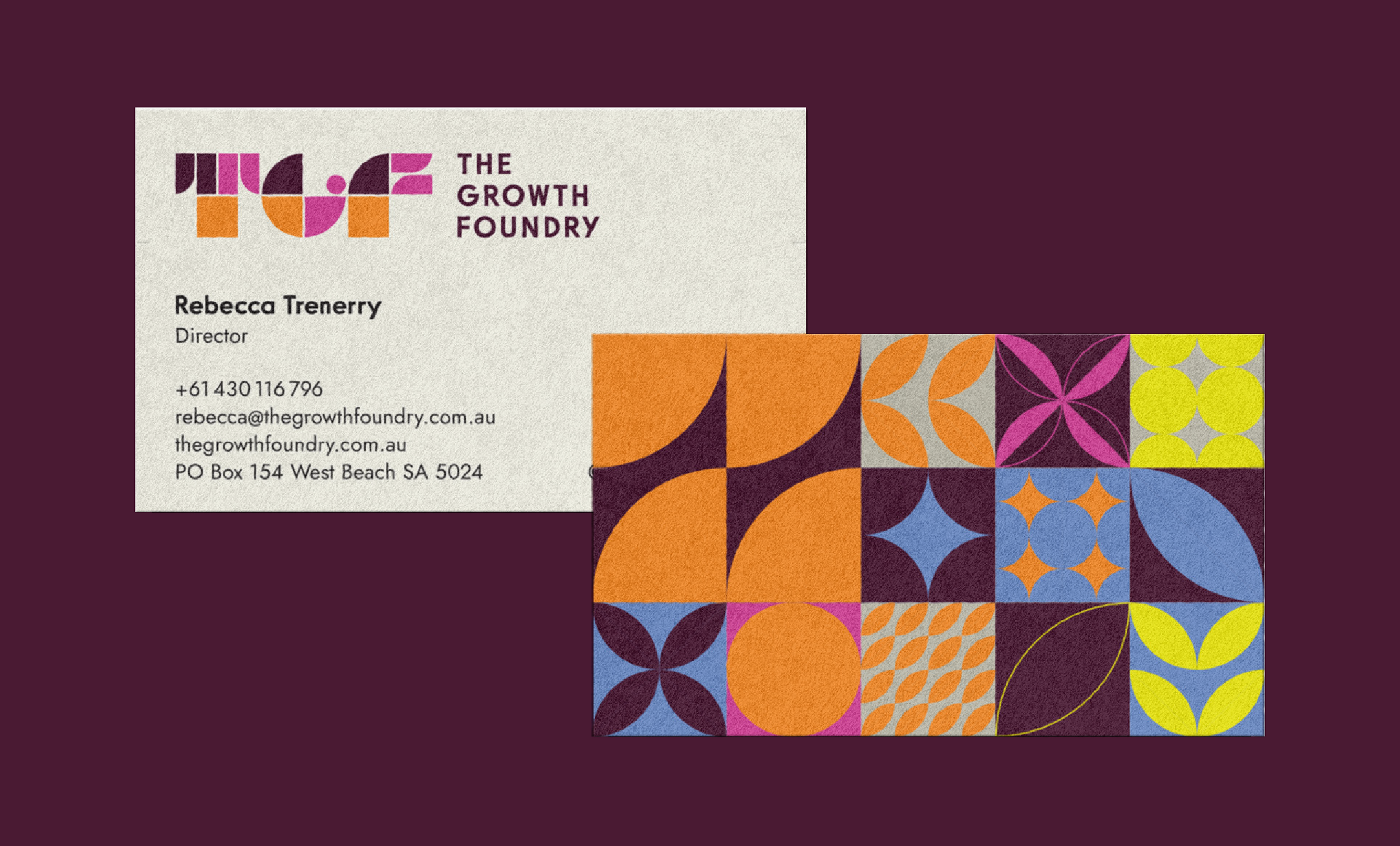 A business card for The Growth Foundry with colorful geometric patterns and contact details for Rebecca Trenerry.
