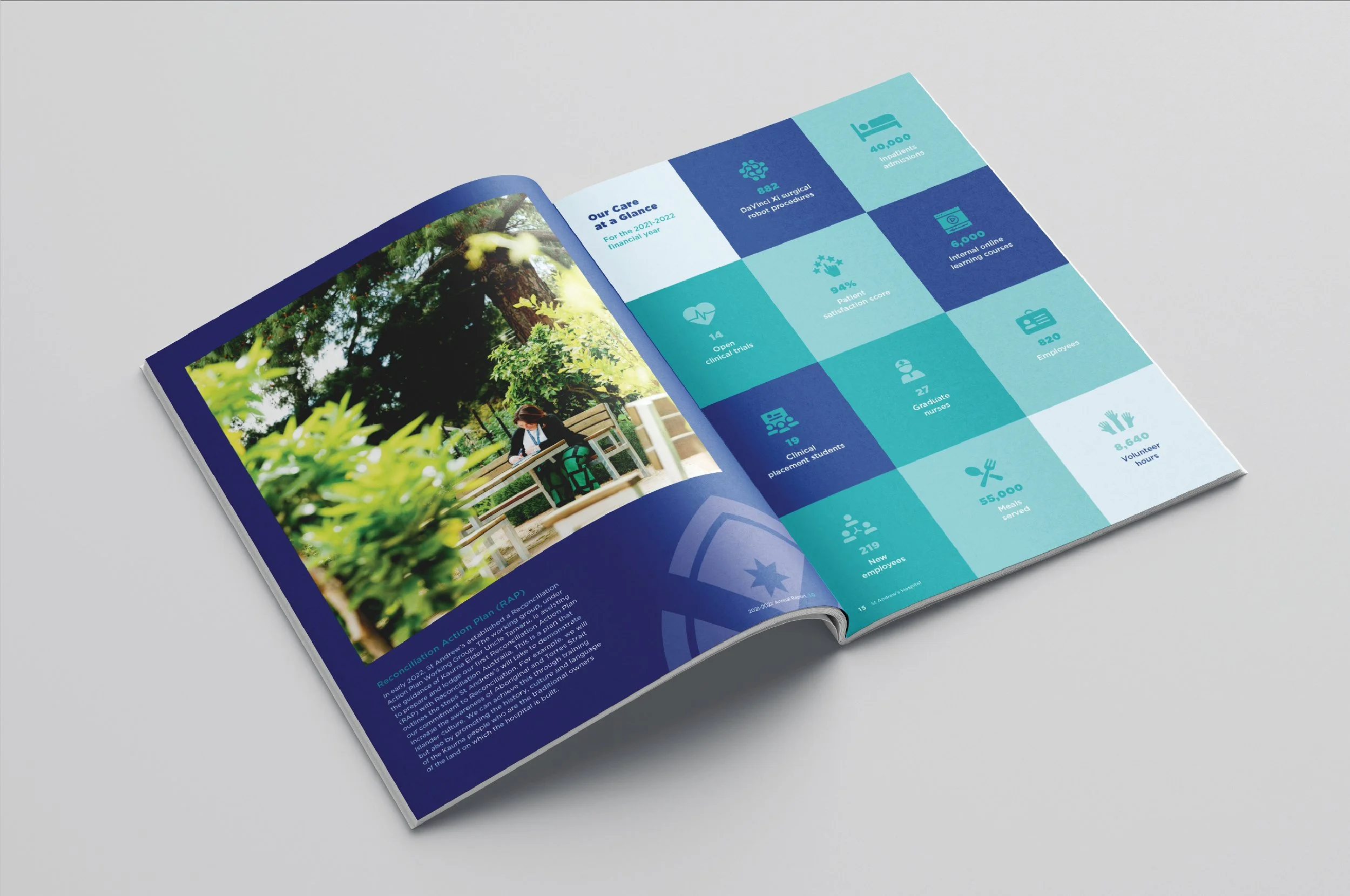 Open brochure displaying a page with a photo of a person sitting outdoors next to trees, and a page with blue infographic showing various statistics and icons.