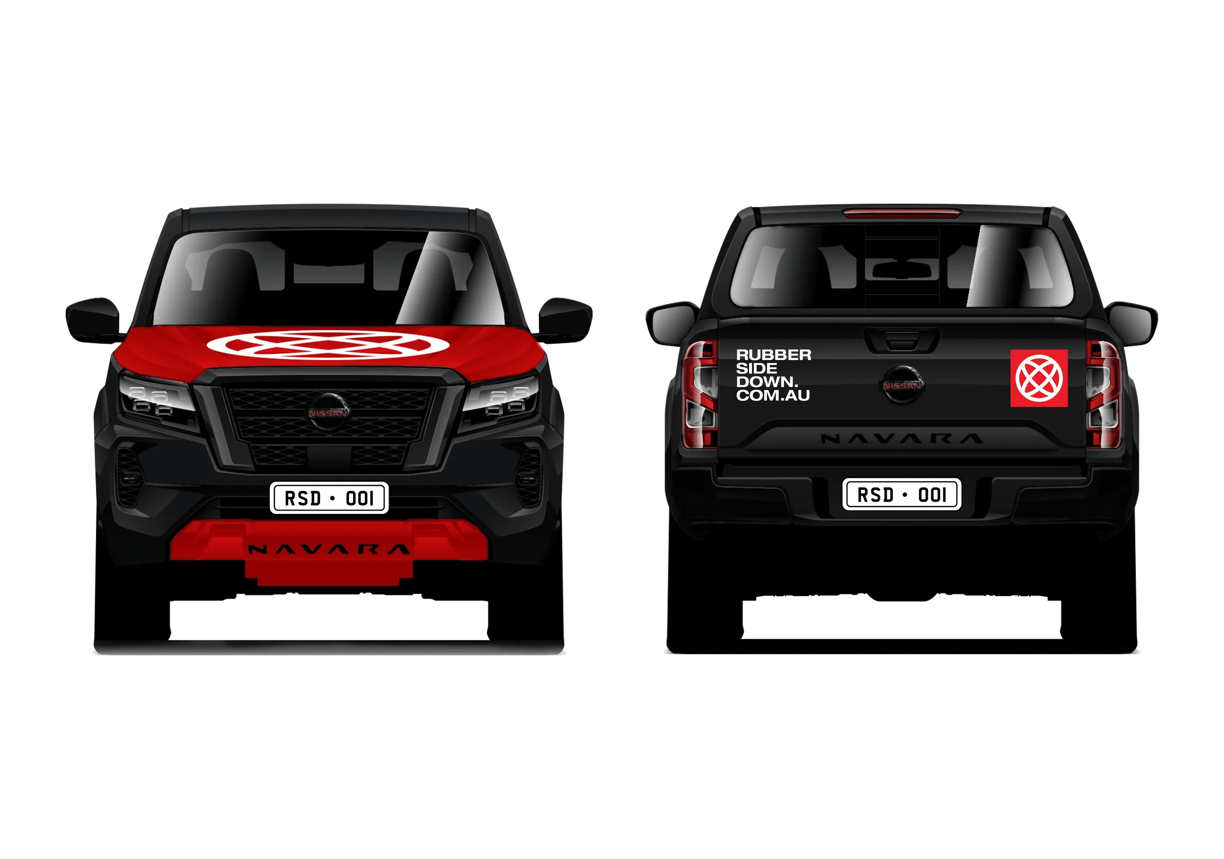 Front and rear view of a black Nissan Navara pickup truck with red and white branding and markings.