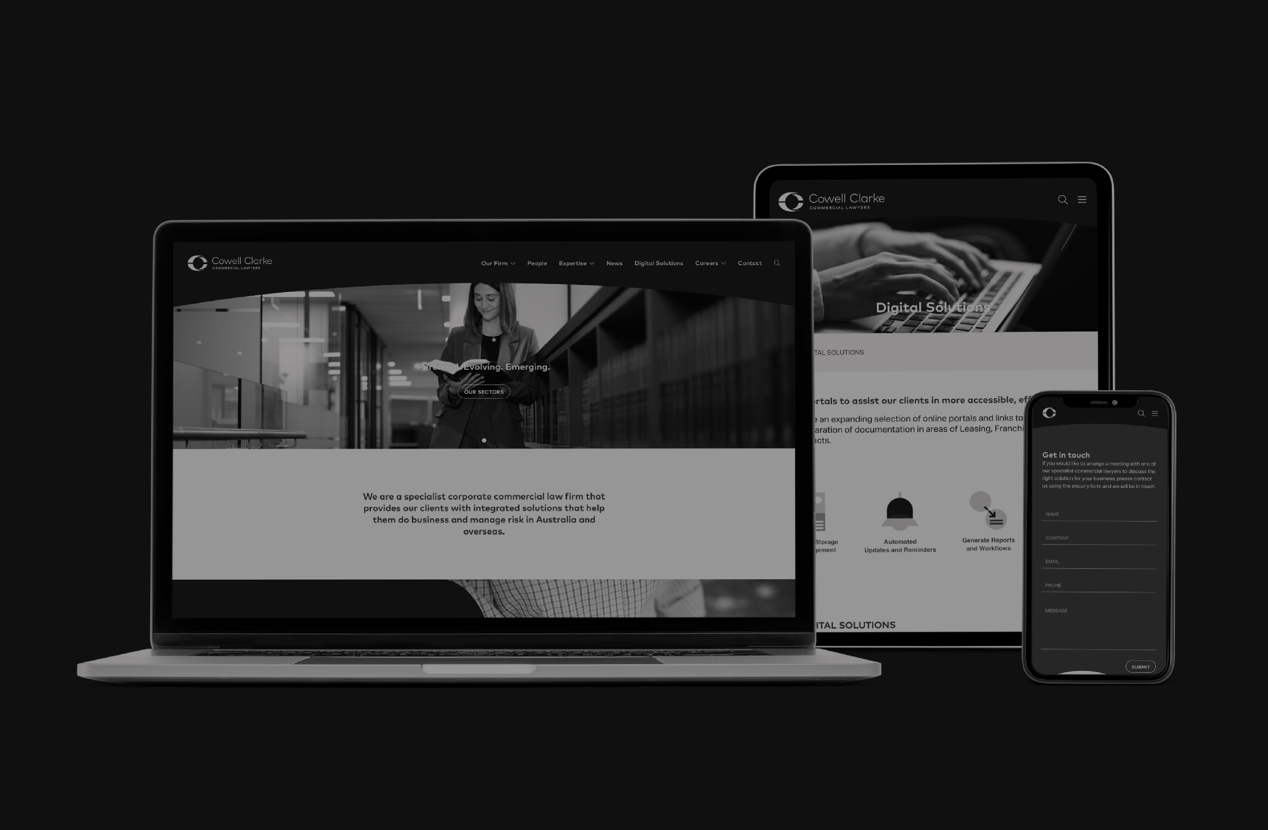 Multiple electronic devices displaying a corporate law firm's website, including a laptop, tablet, and smartphone, with a black background.