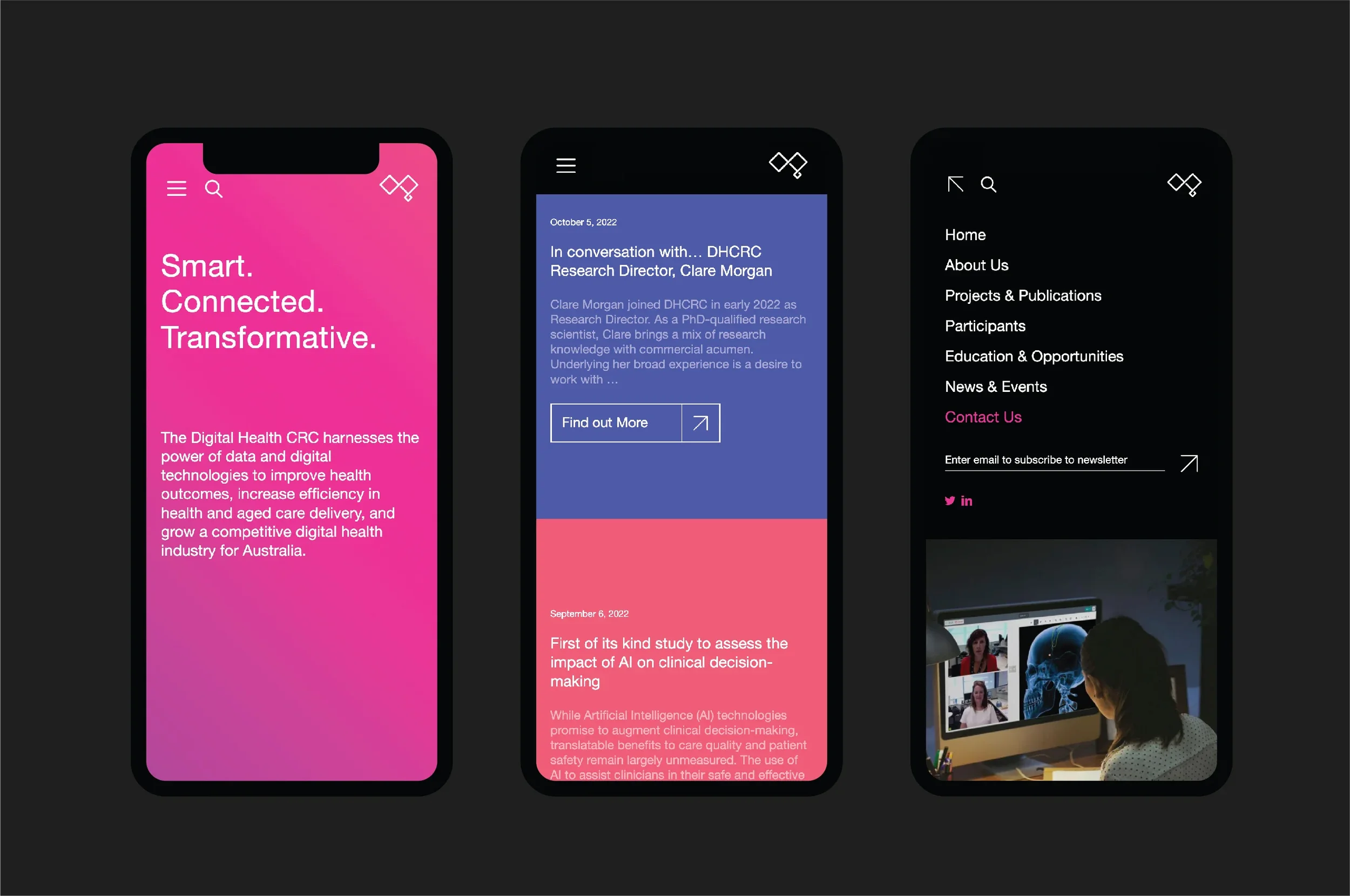 Three smartphone screens displaying different digital content related to health and research, with a computer and a person in the background.