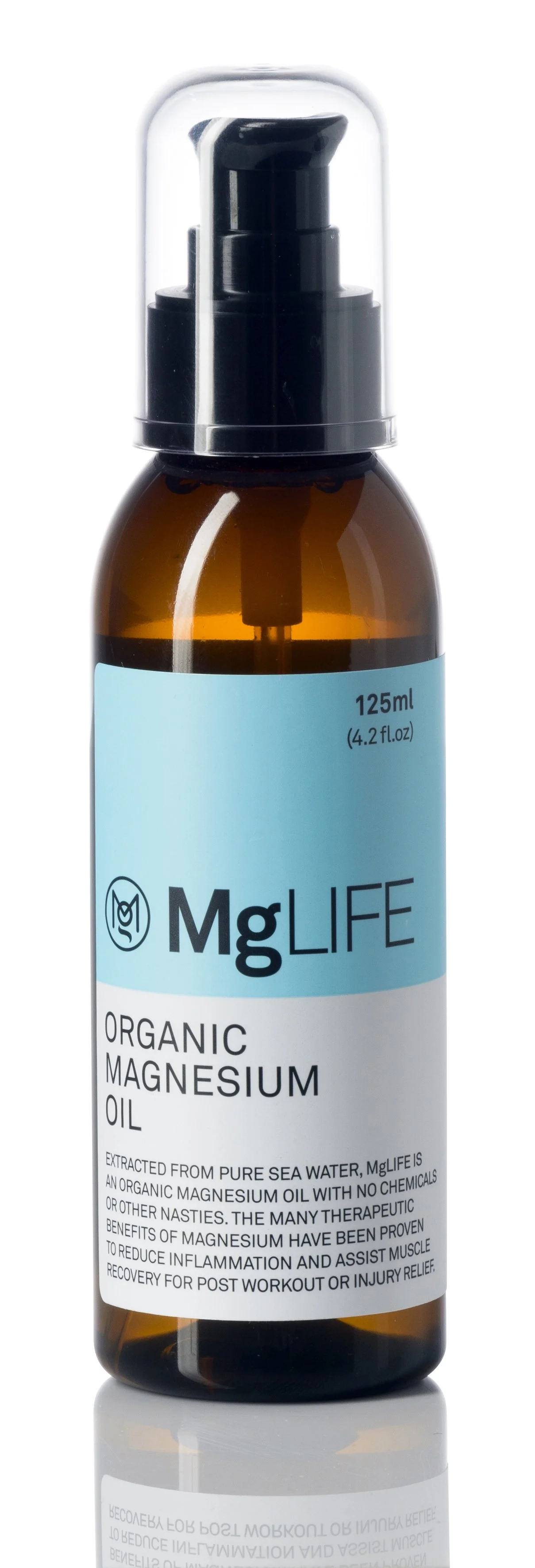 A 125 ml brown glass bottle of organic magnesium oil with a pump dispenser.