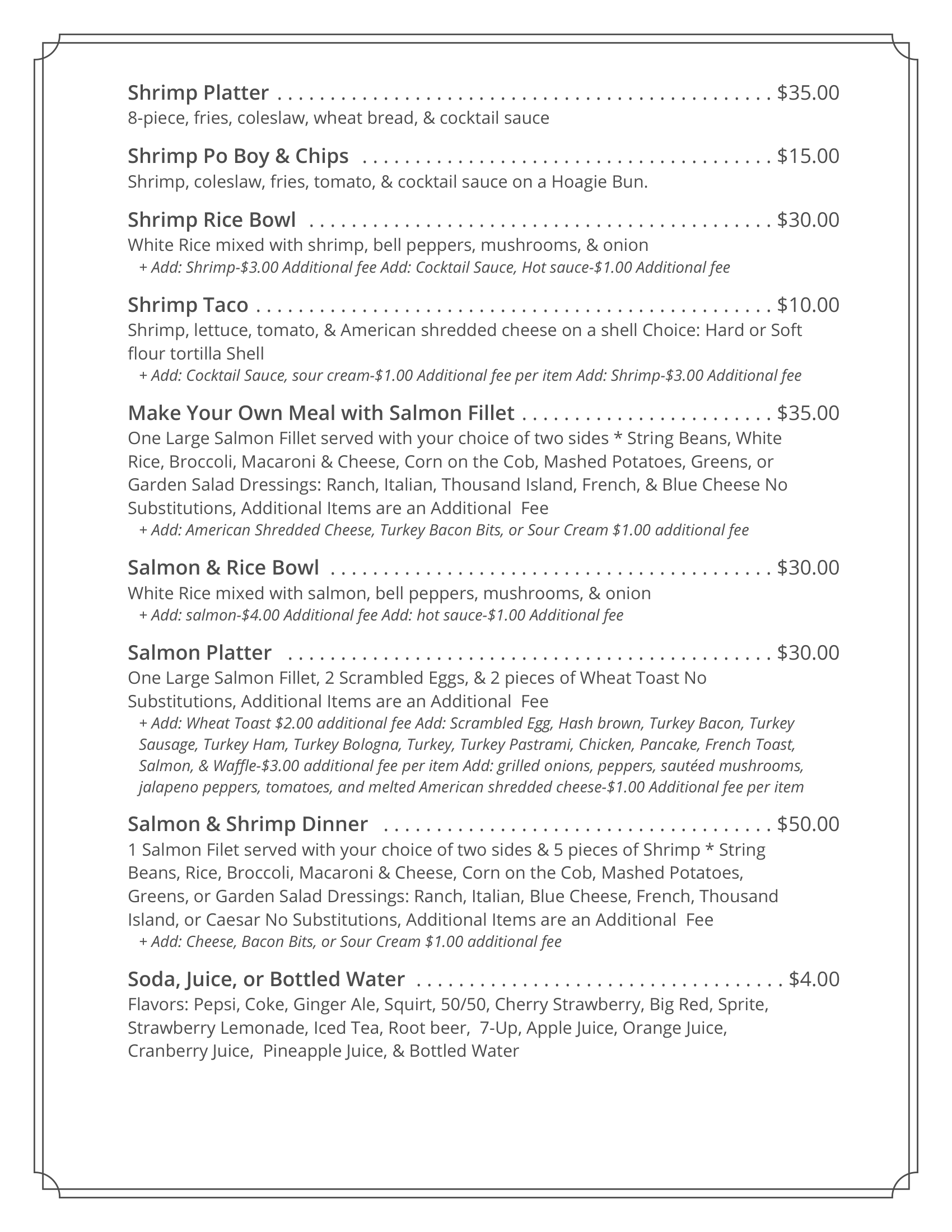 A restaurant menu listing various seafood dishes, including shrimp platter, shrimp po boy & chips, shrimp rice bowl, shrimp taco, salmon dishes, and beverages.