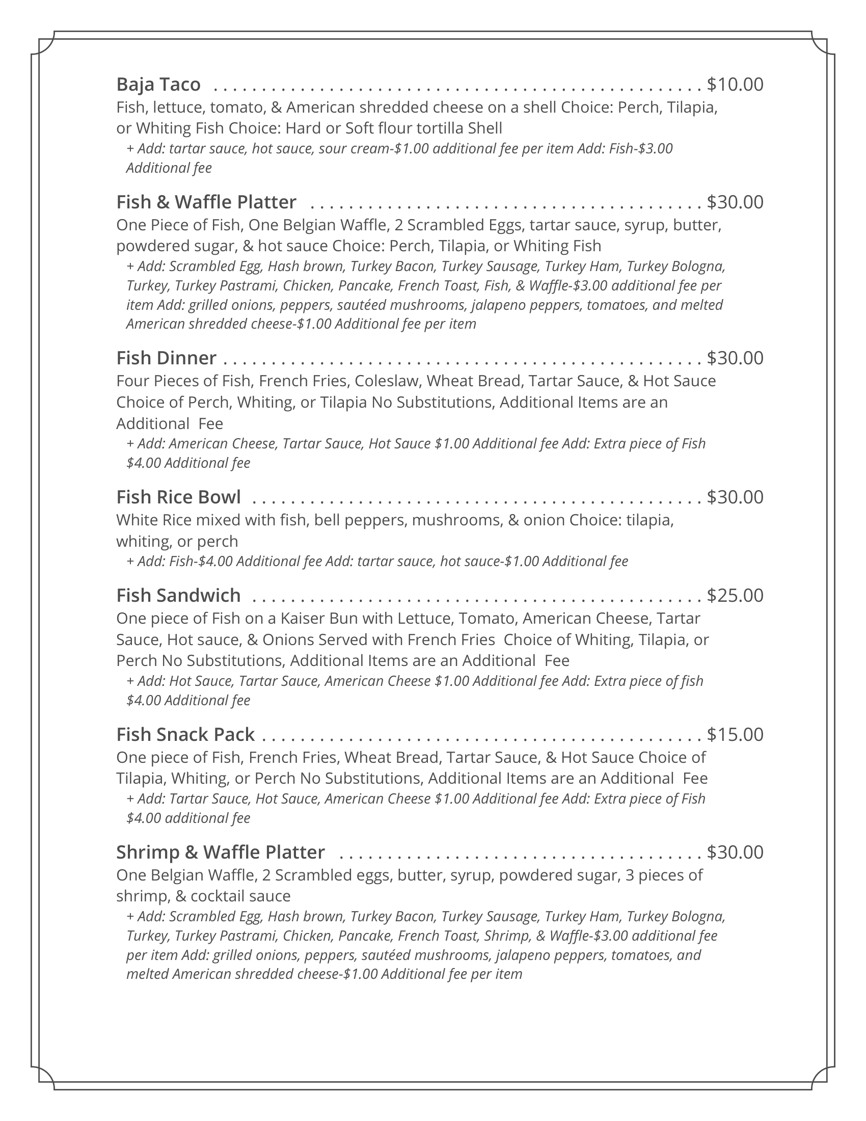 Menu featuring various seafood dishes including Baja Taco, Fish & Waffle Platter, Fish Dinner, Fish Rice Bowl, Fish Sandwich, Fish Snack Pack, and Shrimp & Waffle Platter with descriptions and prices.