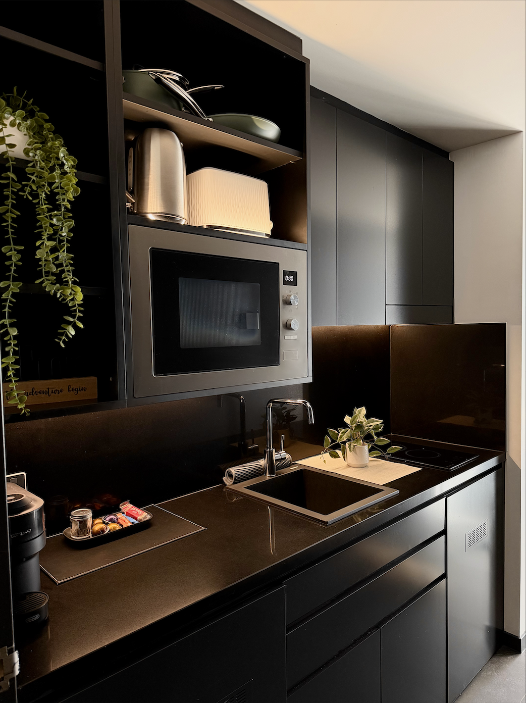 Modern black kitchen with open shelves, microwave, small plant, and black countertop with kitchen items.