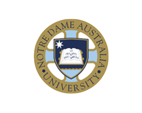 Seal of Notre Dame Australia University with an open book and a star within a shield, surrounded by the university's name.