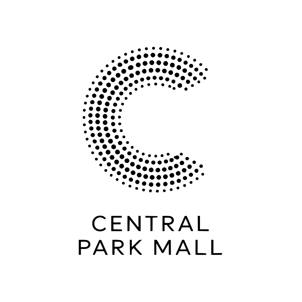Logo for Central Park Mall with a stylized letter 'C' made of small circular dots above the mall's name in uppercase letters, on a black background.