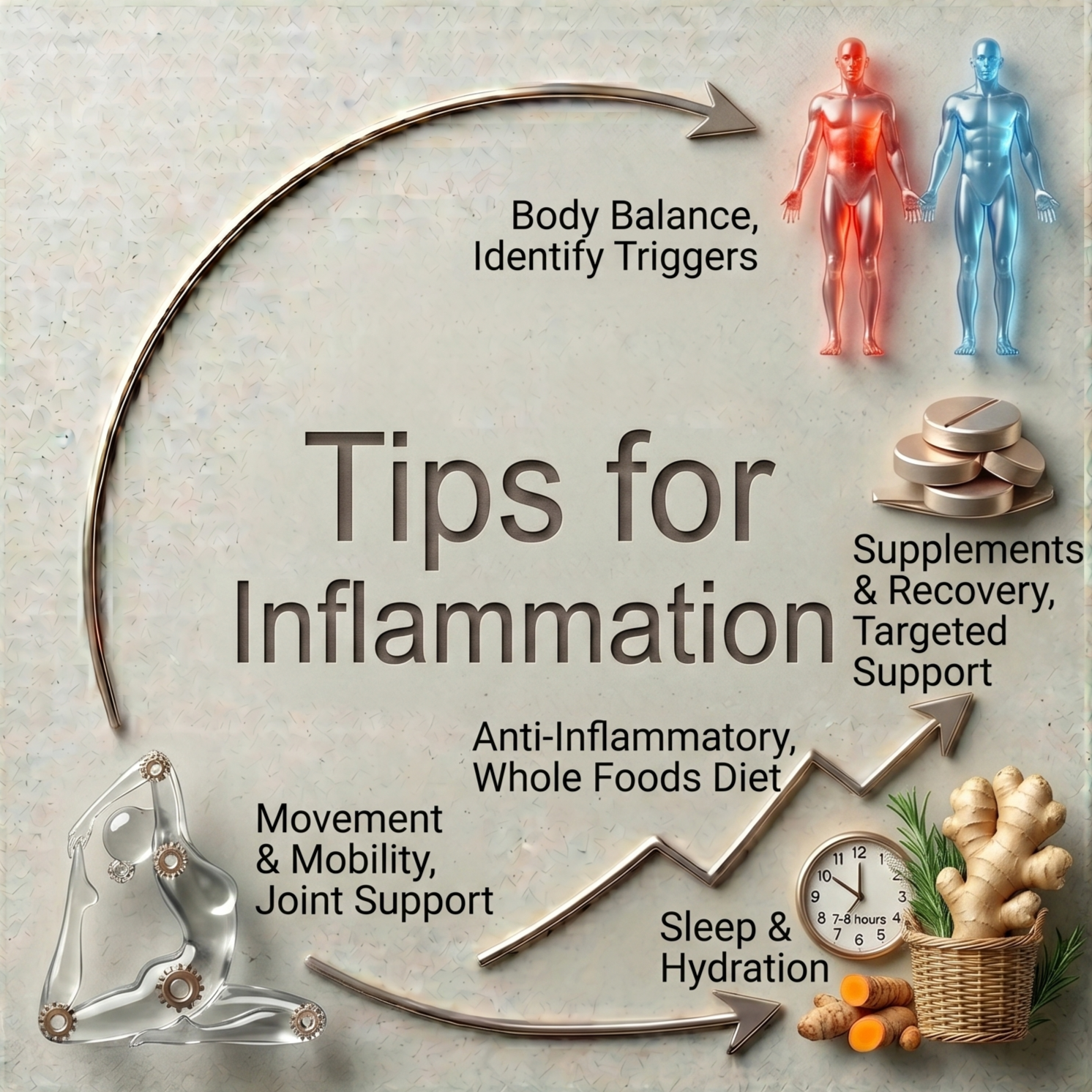 A visual guide with tips for inflammation, showing a diagram of a human body in red and blue to indicate triggers, with items such as supplements, ginger, and essential oils. Includes phrases like 'Body Balance, Identify Triggers', 'Anti-Inflammatory Whole Foods Diet', 'Movement & Mobility, Joint Support', 'Sleep & Hydration', and arrows pointing towards these tips.