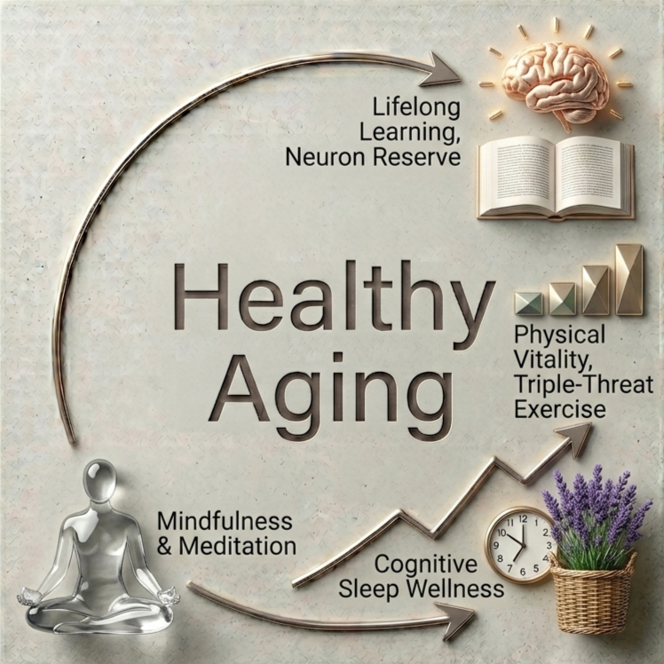 Diagram illustrating strategies for healthy aging, including lifelong learning, neuron reserve, physical vitality and exercise, mindfulness and meditation, cognitive sleep wellness, and relaxation with a purple lavender plant.