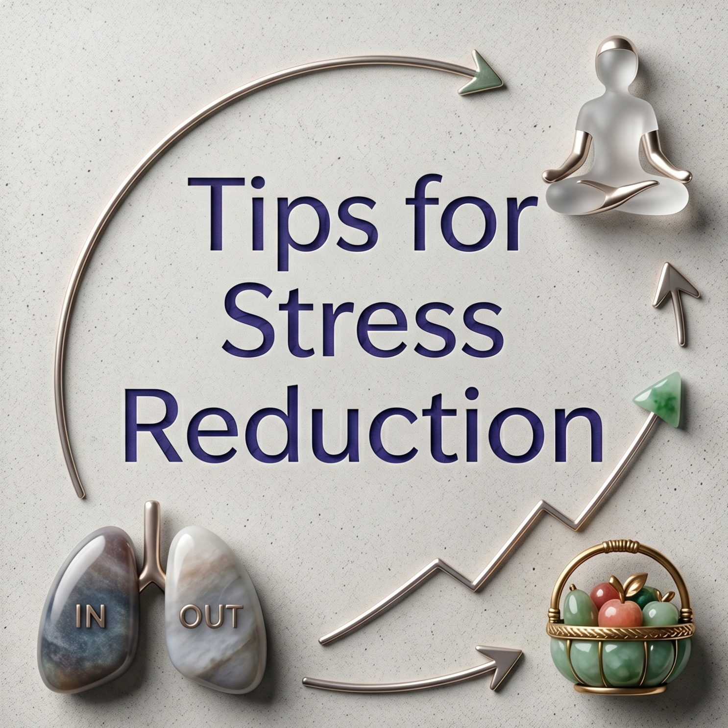The image features the phrase "Tips for Stress Reduction" in prominent dark blue text, surrounded by decorative items including a meditating figure, an upward trending arrow, a basket of colorful eggs, and an inflow/outflow kidney-shaped stones labeled "IN" and "OUT".