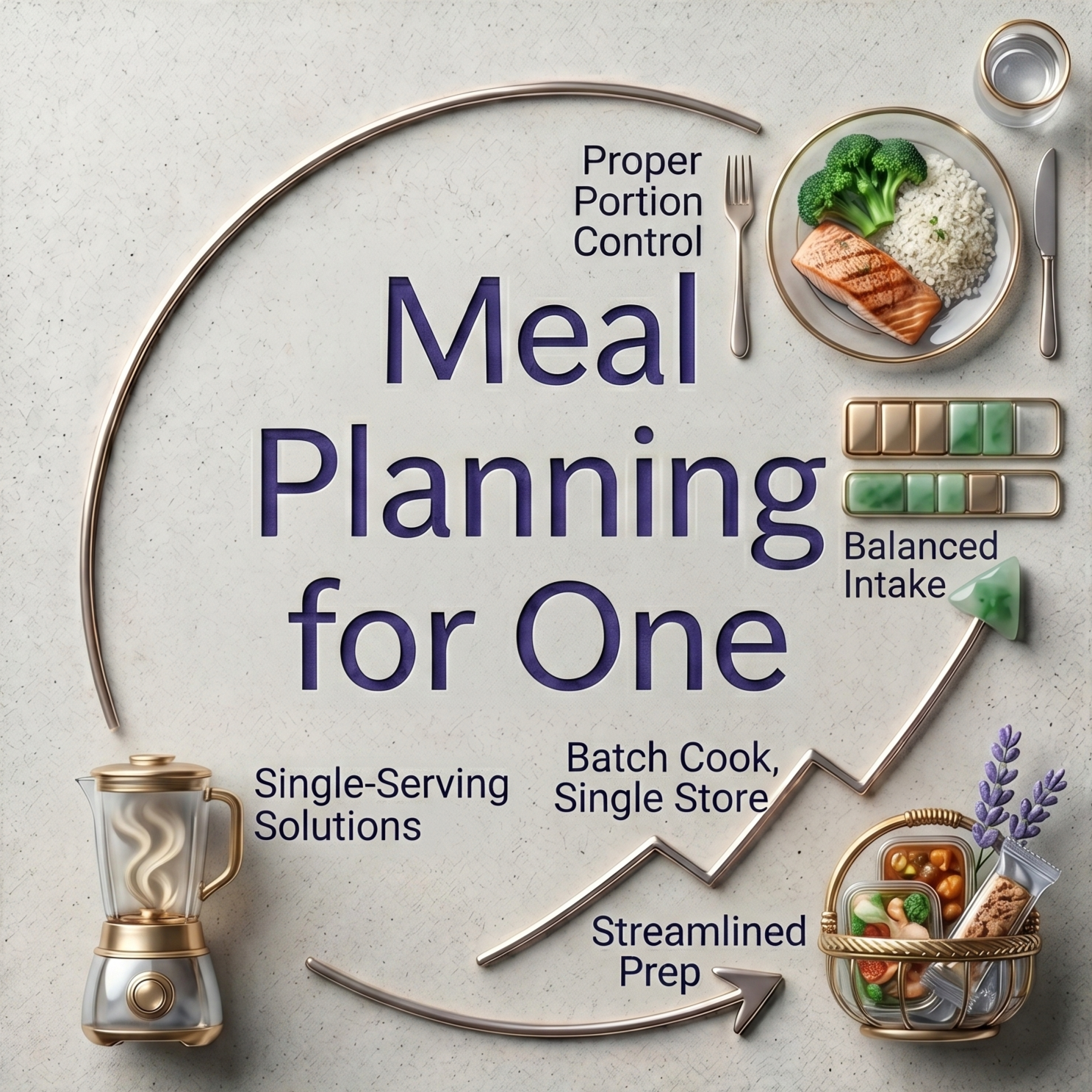 Graphic about meal planning for one, showing proper portion control, balanced intake, single-serving solutions, batch cook single store, streamlined prep, and healthy meal components like salmon, broccoli, rice, and vegetables.
