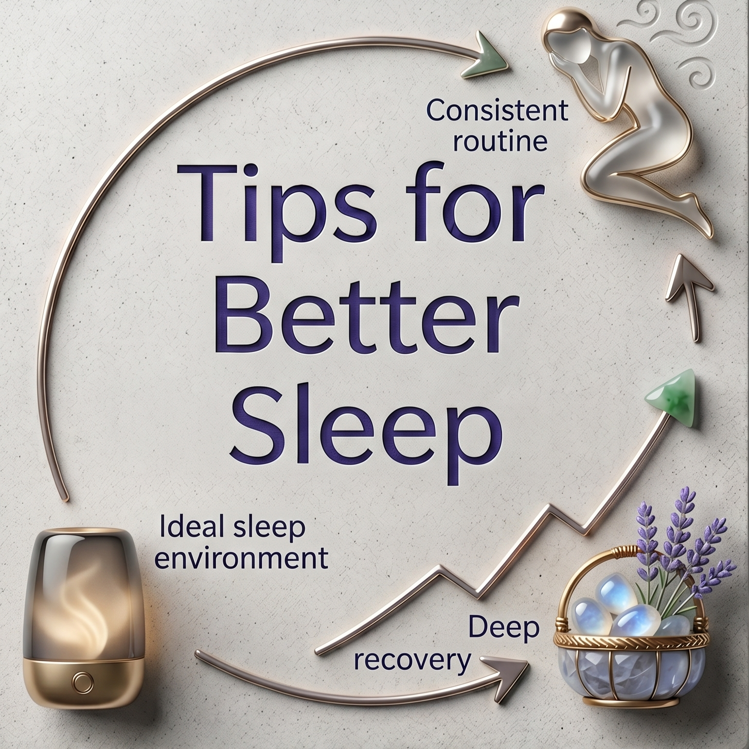 Tips for better sleep including themes of consistent routine, ideal sleep environment, and deep recovery, with accompanying decorative elements such as a woman sleeping, a lavender bouquet, a lighted lamp, and arrows indicating a cycle.
