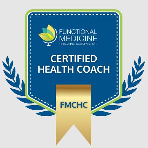 Badge for Functional Medicine Coaching Academy, Inc. titled 'Certified Health Coach' with the acronym FMHC in gold ribbon and laurel branches on either side.