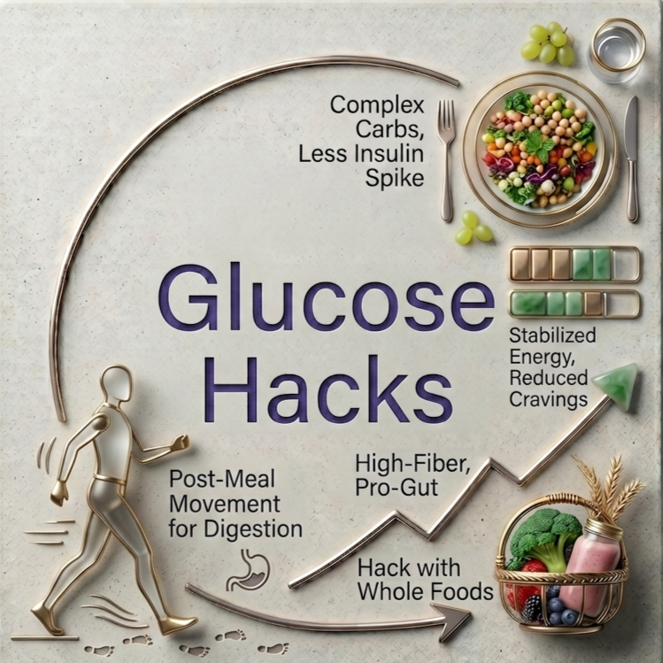 Infographic titled "Glucose Hacks" with tips for managing blood sugar levels. Features include complex carbs and less insulin spike, stabilized energy and reduced cravings, post-meal movement for digestion, high-fiber, pro-gut foods, and whole foods. Visual elements include a bowl of salad, grapes, a glass of water, a person walking, and a basket of healthy foods.