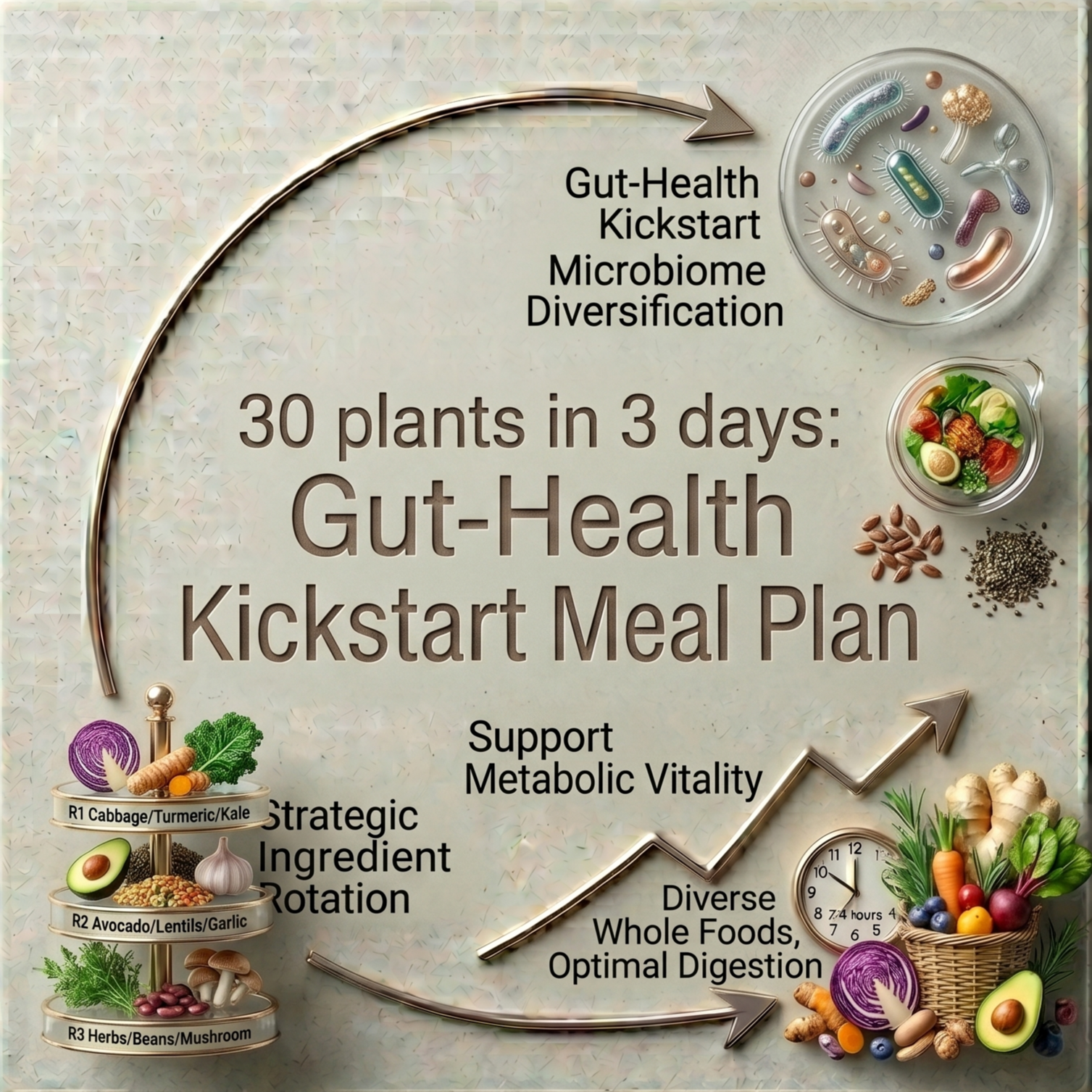 A digital infographic showcasing a gut health meal plan with 30 plants in 3 days. It includes images of various vegetables, herbs, and superfoods arranged in a decorative manner, along with labeled tiers of strategic ingredients such as purple cabbage, avocado, herbs, and mushrooms. Arrows and icons indicate progress and support for metabolic vitality and digestion.