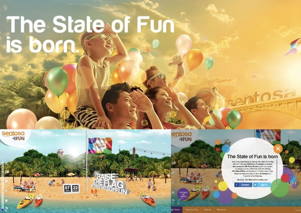 Collage of promotional images for Sentosa, featuring children and adults enjoying outdoor activities, beach scenes with kayaks, balloons, and a sunset, with text promoting fun and inviting visitors to join in.