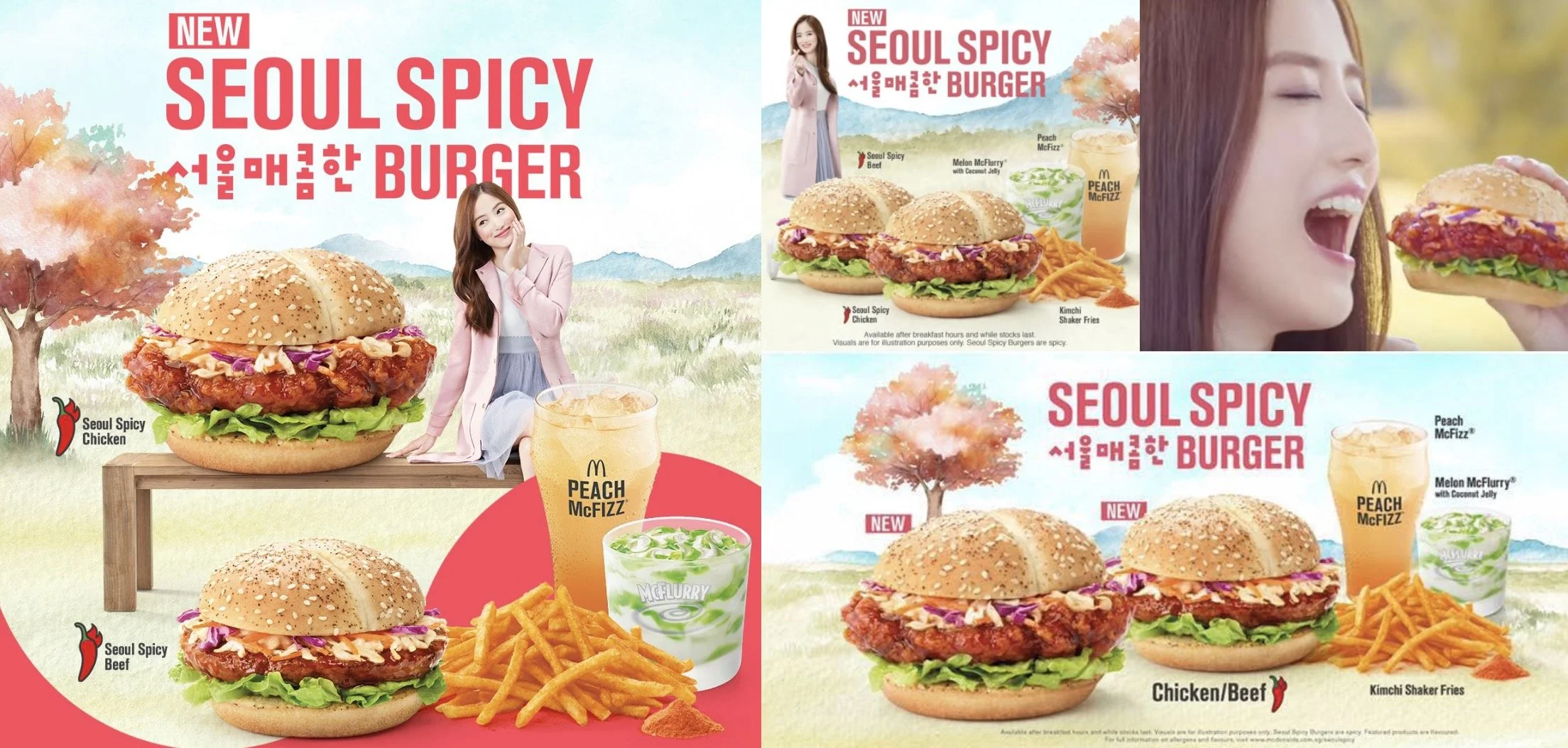 Advertisement for new Seoul Spicy Burger at McDonald's, featuring a large burger with spicy chicken or beef, kimchi shaker fries, peach McFizz, and melon McFlurry with coconut jelly. The background has a colorful landscape with trees and mountains, and a smiling young woman in pink coat and a woman with long hair holding the burger.