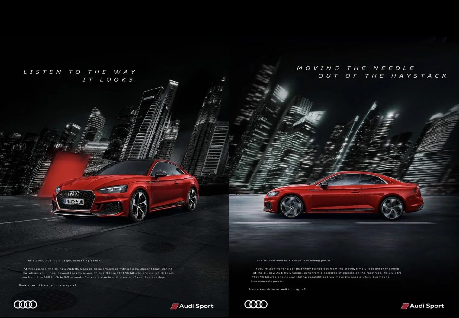 An advertisement for the Audi RS 5 Coupe featuring images of the car in red, set against a city skyline at night. The ad includes quotes about listening to the way the car looks and moving the needle out of the haystack, with detailed descriptions of the car's features and performance.