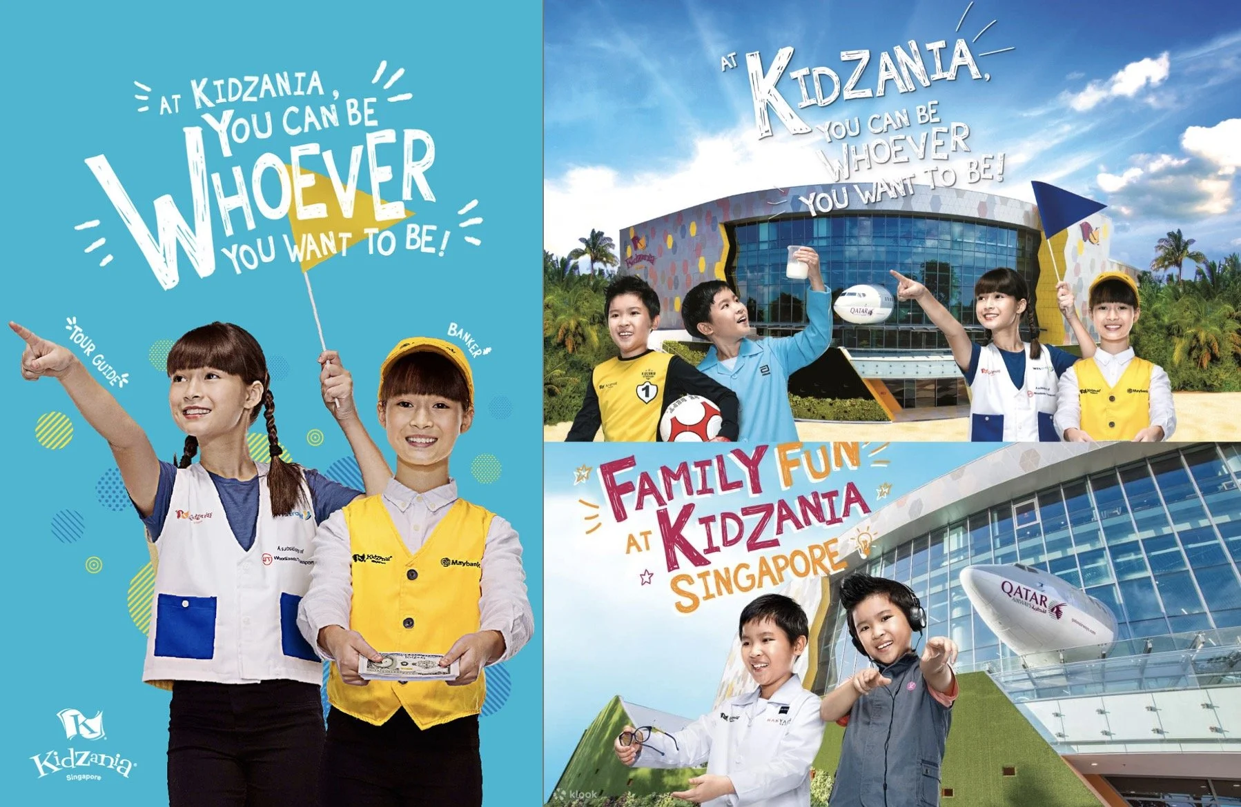 A collage of promotional images for KidZania Singapore, featuring children smiling, pointing, and engaging in various activities in front of the KidZania building with the branding visible. The text highlights that at KidZania, you can be whoever you want to be, emphasizing family fun and educational entertainment.