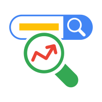 A magnifying glass over a rising red line graph, with additional icons of a bar chart and a search bar above