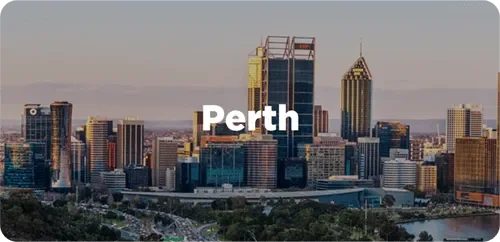 Skyline view of Perth, featuring tall skyscrapers and city buildings.