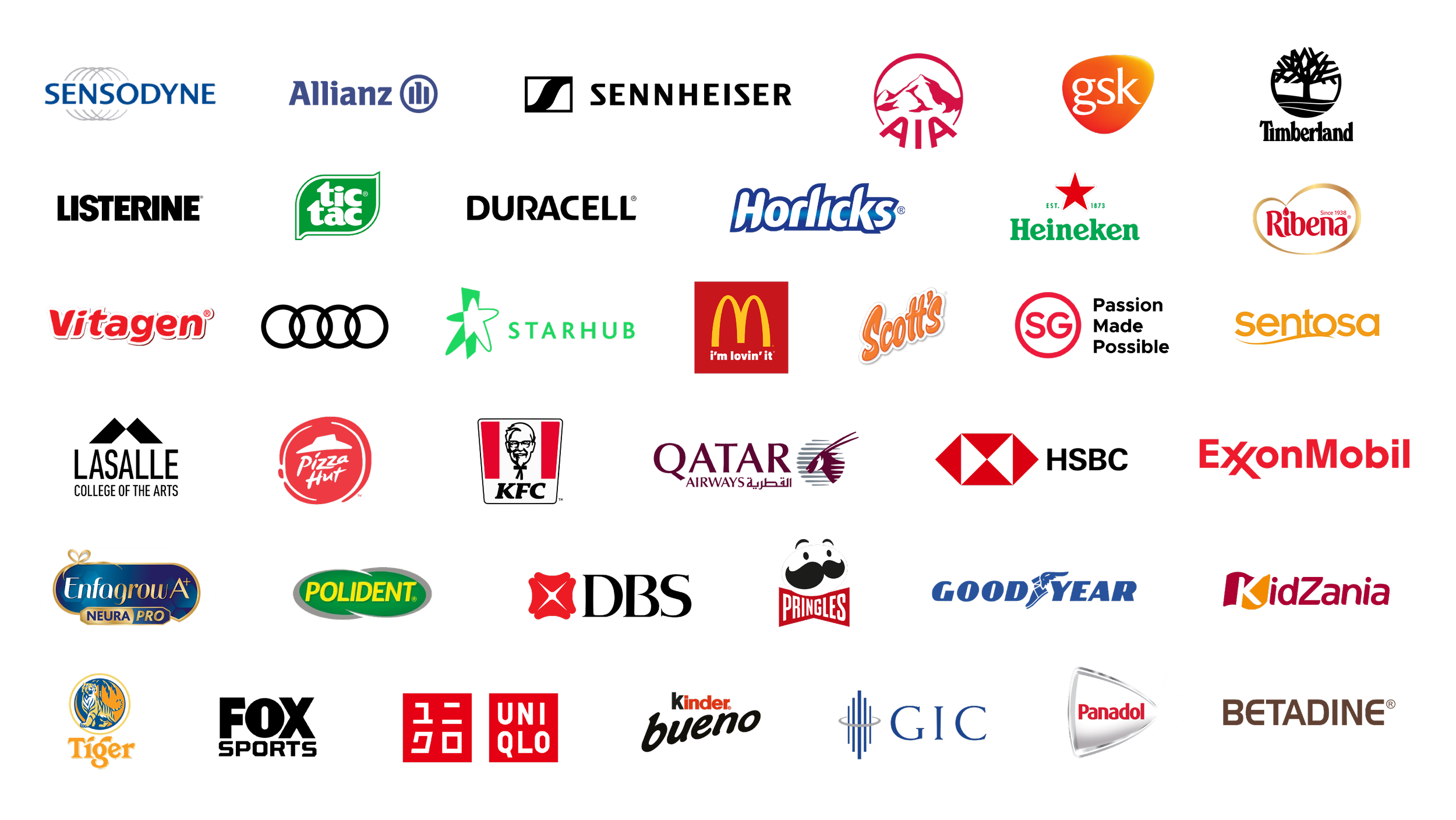 Collection of various consumer brand logos arranged in rows on a black background.
