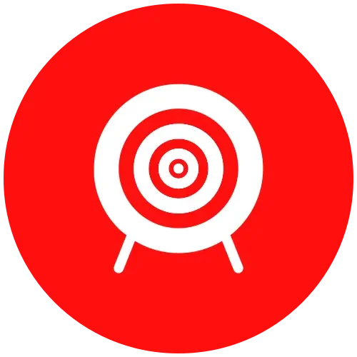 Red circular background with a white target and darts in the bullseye.