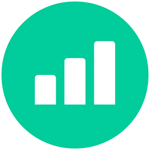Icon showing a bar chart with three increasing bars on a teal circular background.