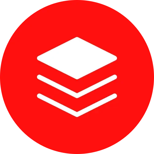 Red circular icon with stacked white layers and a diamond shape on top.