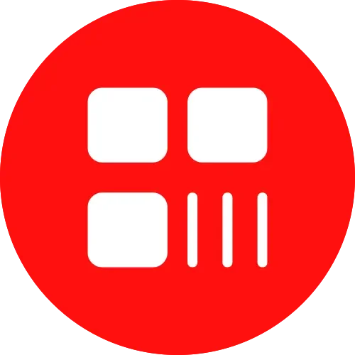 Red circular icon with four white squares and three vertical white lines resembling a stylized face or symbol.