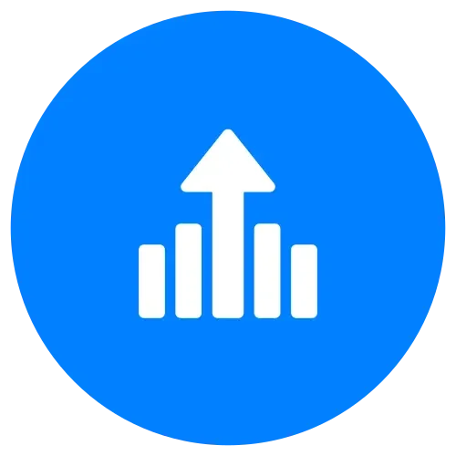 Blue circular icon with white bar chart and upward arrow.