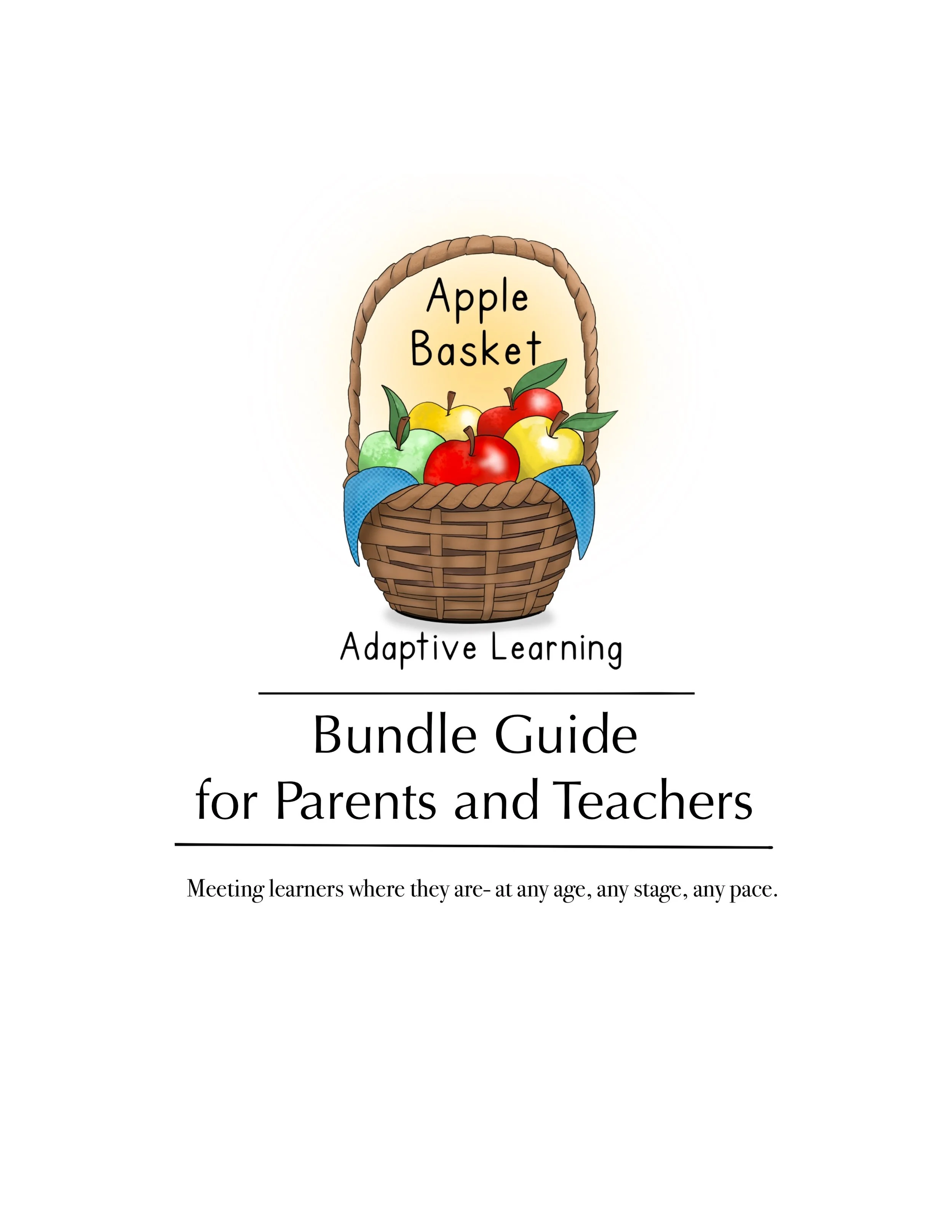 Cover page of a guide titled 'Apple Basket' with an illustration of a woven basket filled with colorful apples and a blue cloth, and text indicating it is a bundle guide for teachers and parents about adaptive learning.