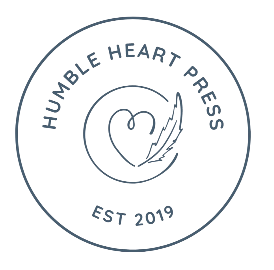 A circular logo with the text 'Humble Heart Press' and 'Est 2019'. In the center, there's a line art drawing of a heart with a feather beside it.