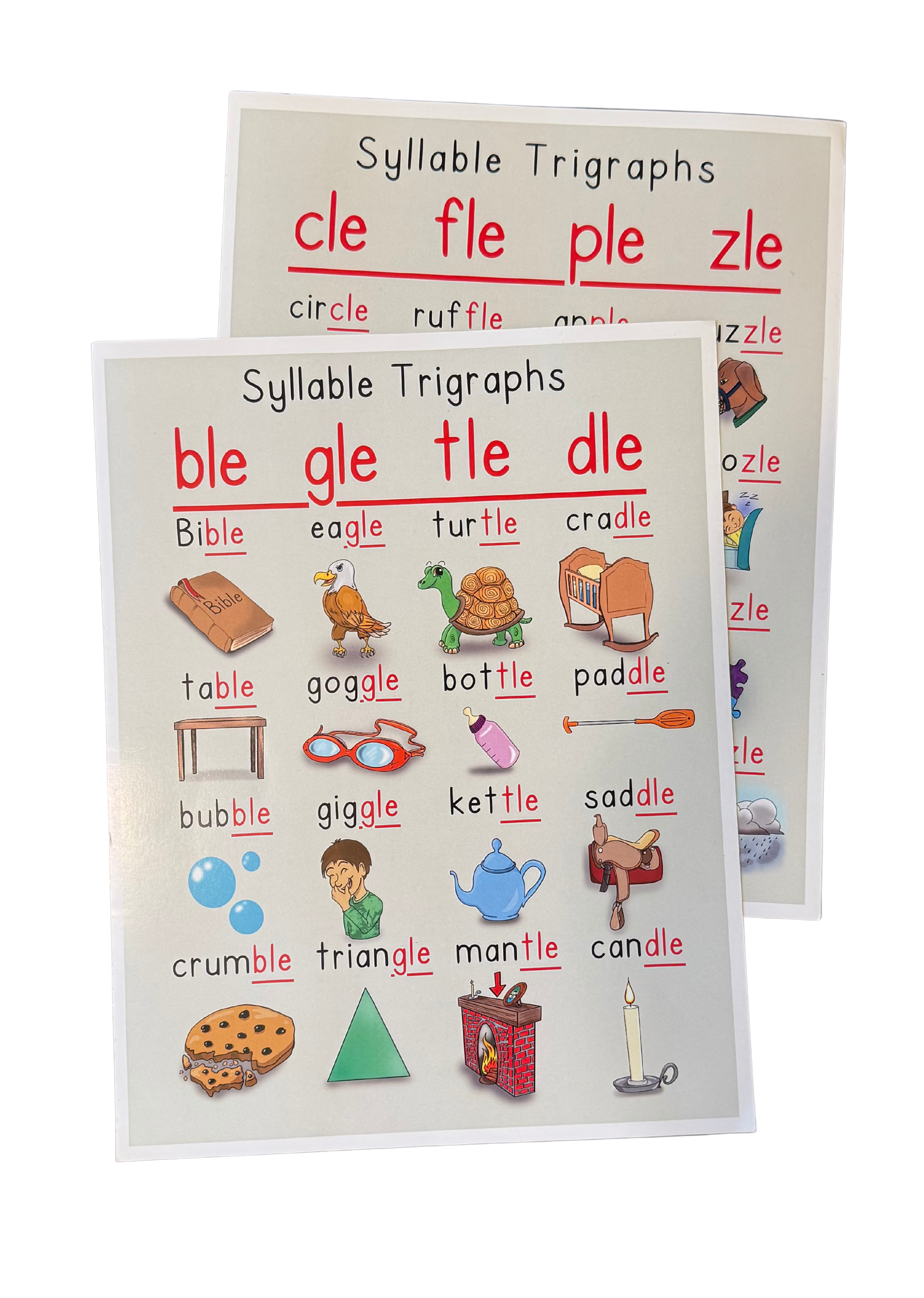 Educational poster featuring syllable trigraphs and illustrated words with matching sounds, such as 'Bible,' 'eagle,' 'turtle,' 'crumble,' and 'triangle.'