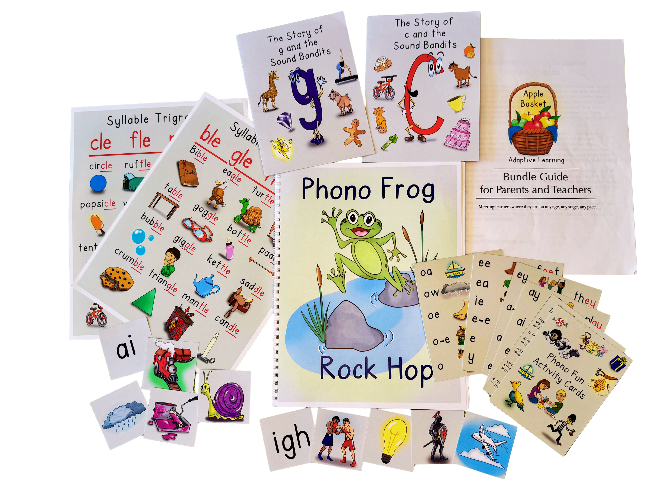Collection of educational materials including alphabet and phonics flashcards, illustrated storybooks, and activity cards for early learning.