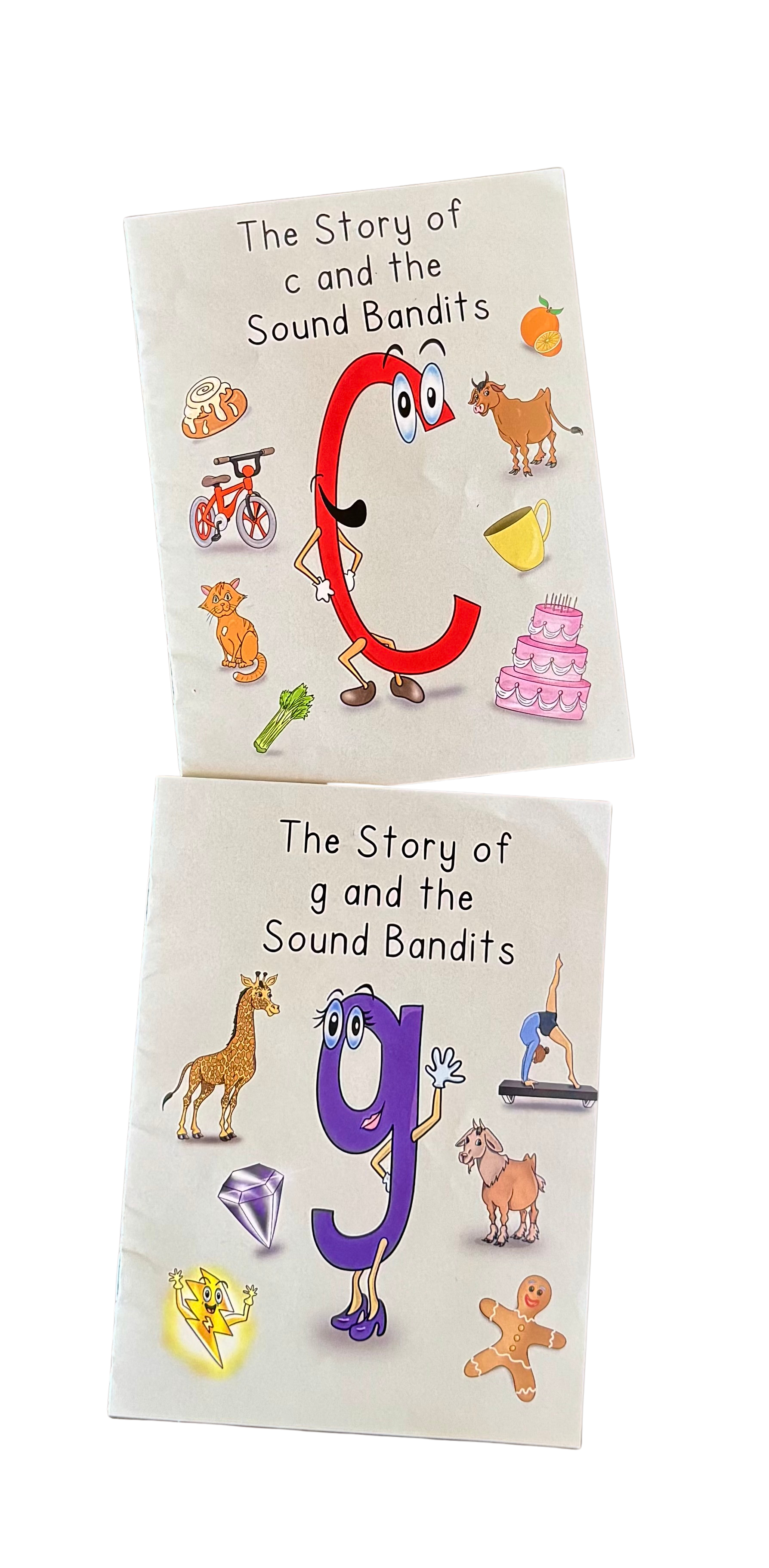 Colorful books titled "The Story of C and the Sound Bandits" and "The Story of G and the Sound Bandits" featuring cartoon letters C and G with expressive faces surrounded by animals, bikes, food, and other objects.