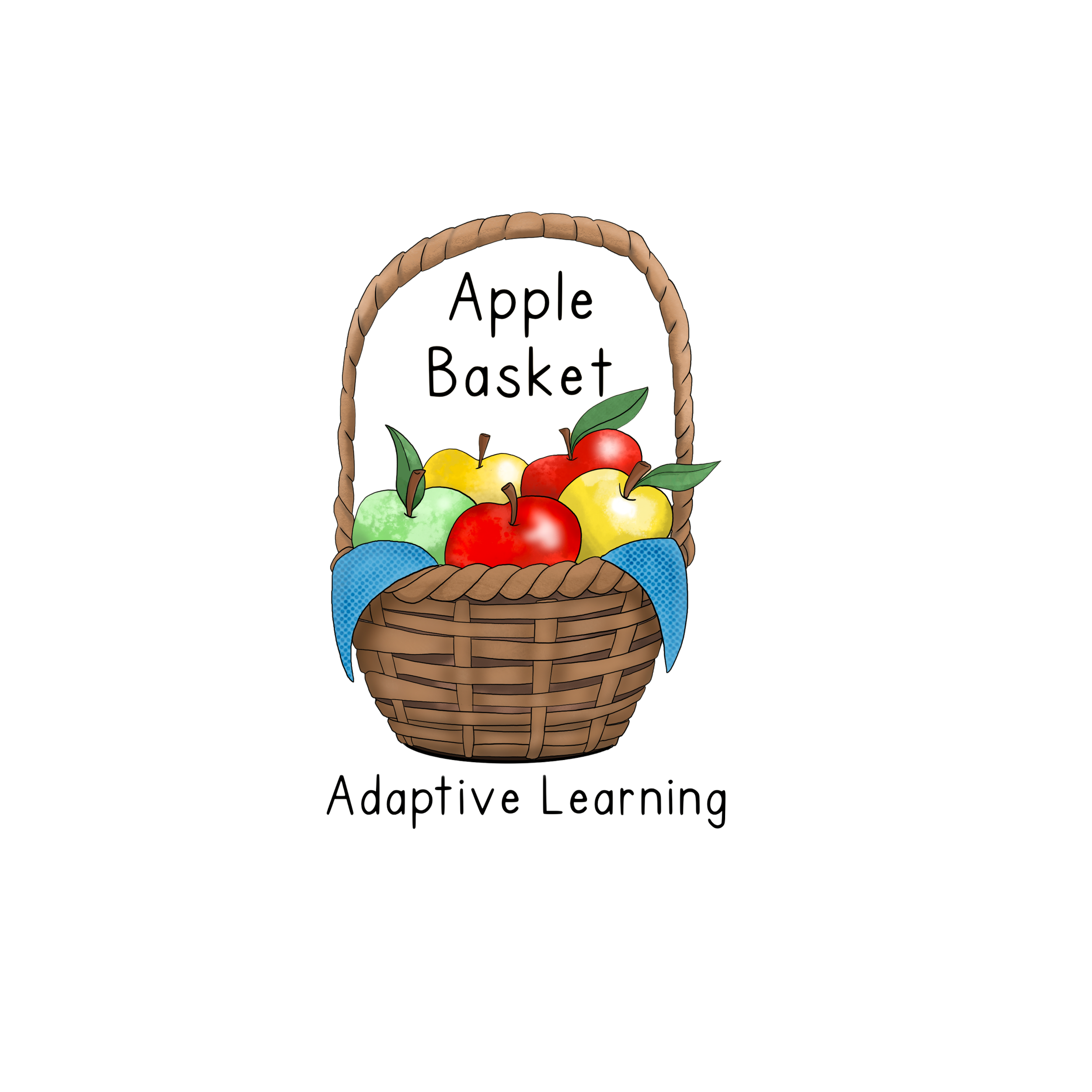 A basket filled with colorful apples and a sign that reads "Apple Basket" above the fruits.