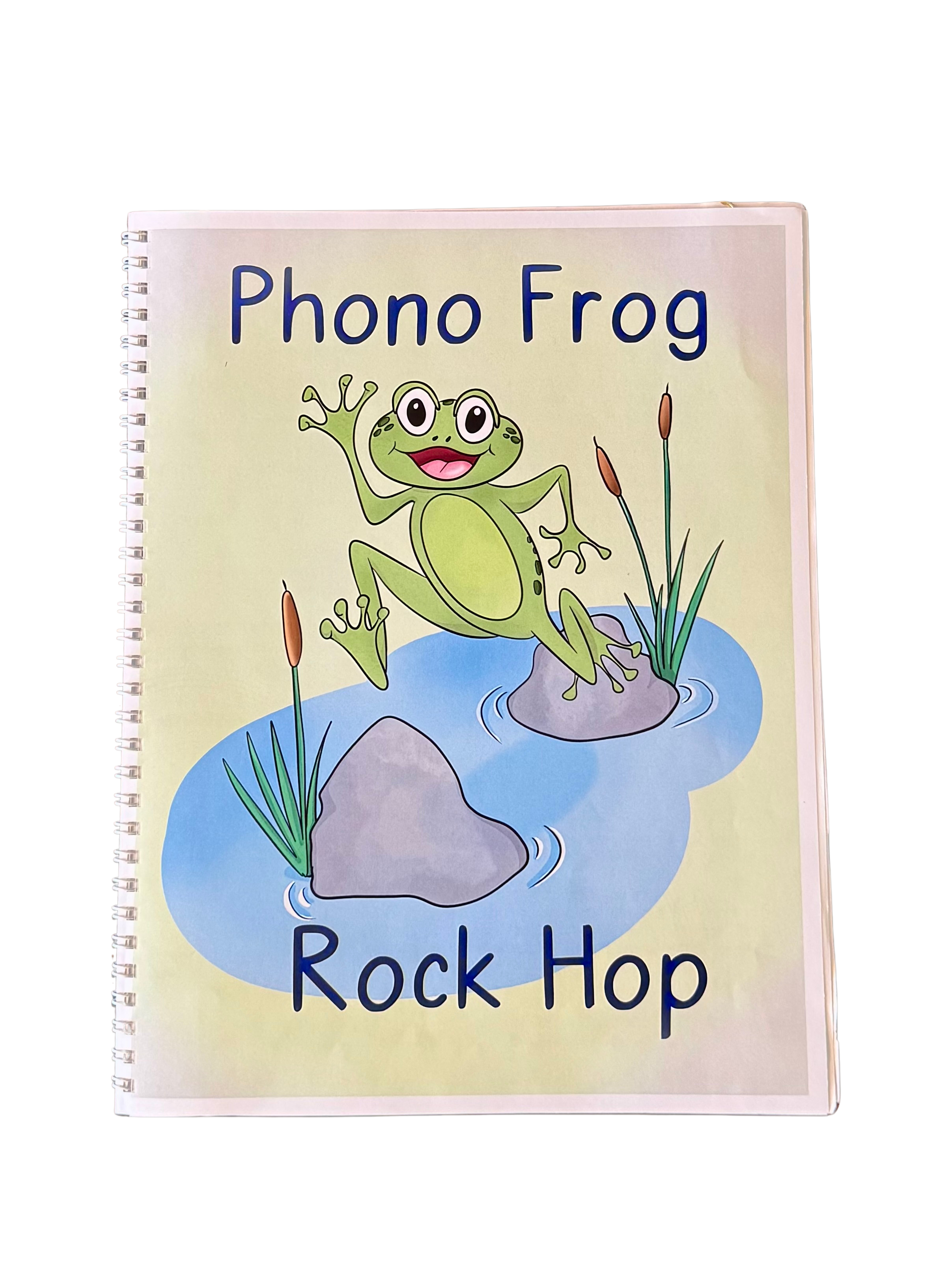 Notebook with a drawing of a laughing frog on a rock in a pond, with reeds and cattails, labeled 'Phono Frog Rock Hop'.
