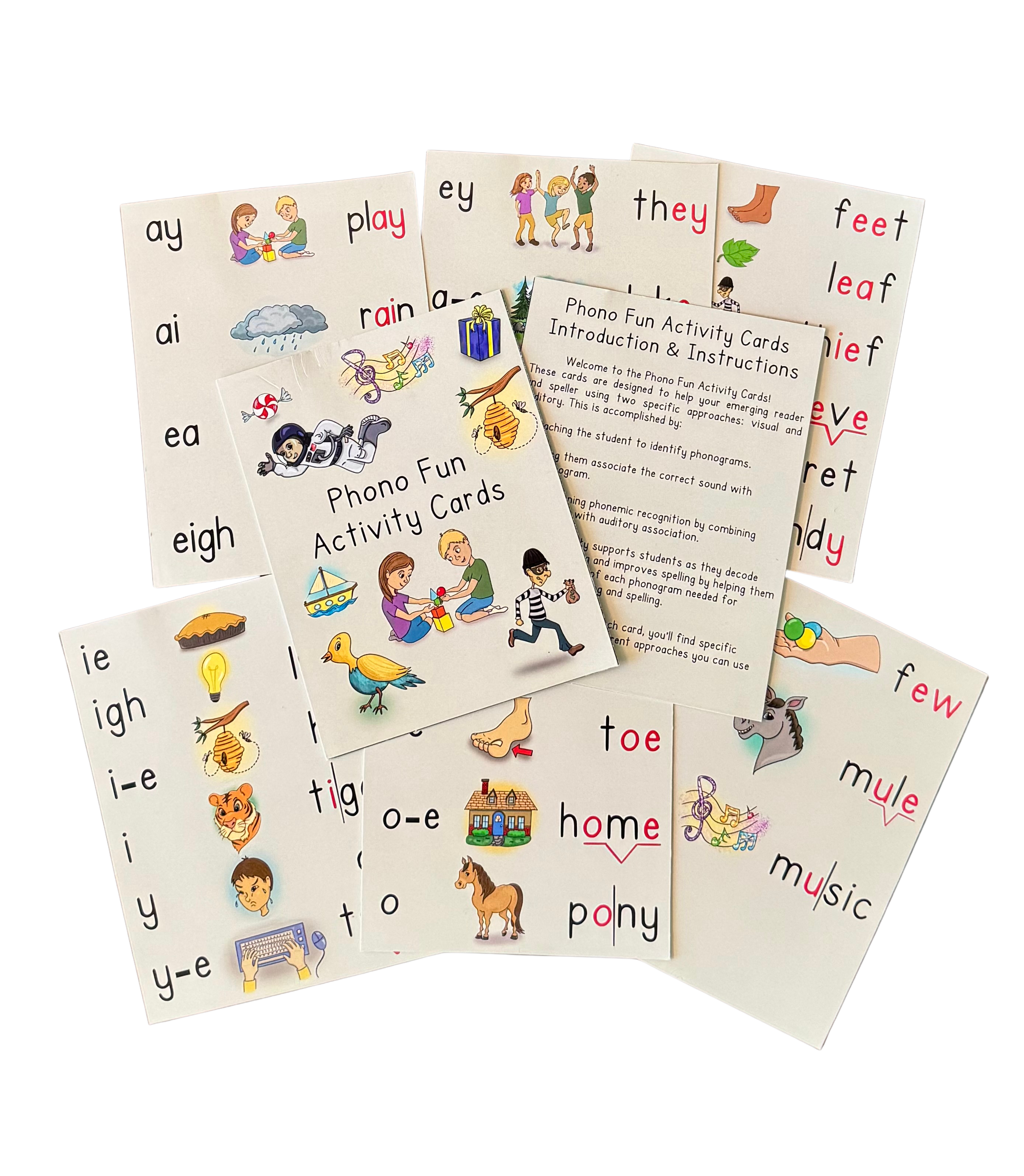 Sets of phonics activity cards with illustrations and words focusing on different letter combinations such as 'ay', 'ai', 'ea', 'igh', 'ie', 'y', 'oi', 'oo', 'oy', 'ou', and 'ue'.