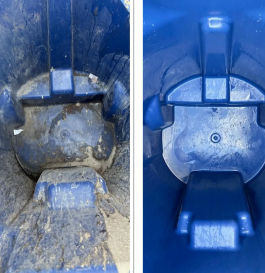 Comparison of the inside of a blue plastic bucket before and after cleaning, showing dirt and grime removed from the bucket's interior.