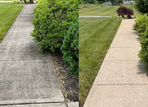 Comparison of two sidewalks: the left side shows a concrete sidewalk with dark stains and small weeds in the cracks, while the right side shows a clean concrete sidewalk surrounded by neatly trimmed grass and a landscaped yard.