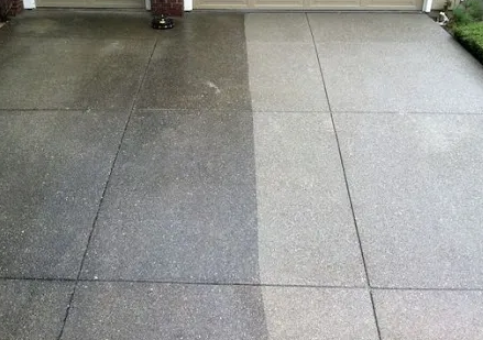 Comparison of wet and dry concrete driveway sections.