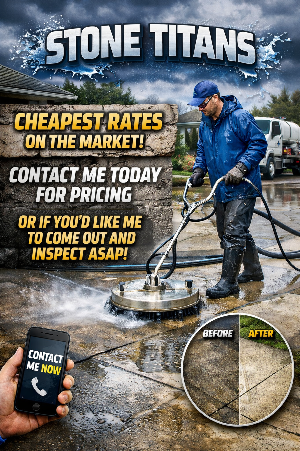 A man in rain gear cleaning a wet driveway with industrial equipment; promotional text overlay about stone sealing services with before and after images of a sealed stone surface.