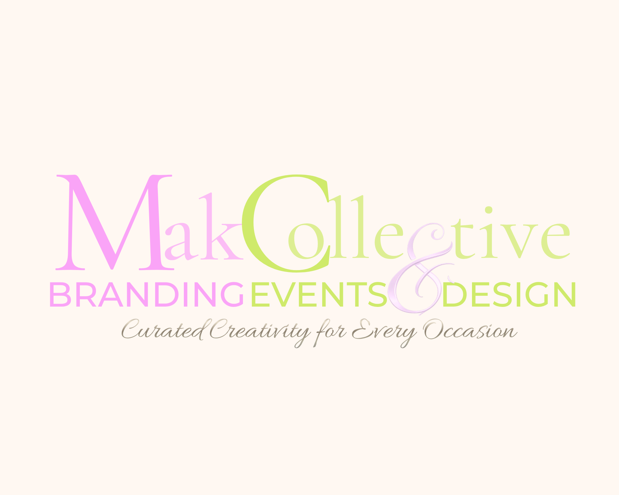 Logo for Make Collective, showcasing the words Branding, Events, and Design in pastel colors with the tagline "Curated Creativity for Every Occasion" in cursive.