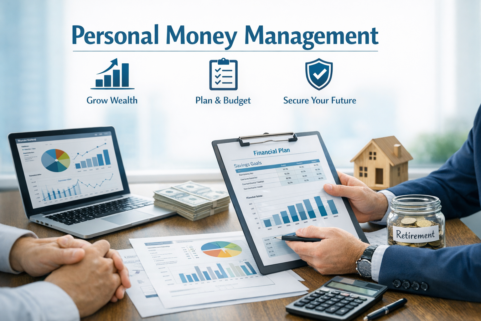 Business meeting with financial documents, charts, and graphs on a laptop and clipboard, discussing personal money management, retirement savings, and financial planning.