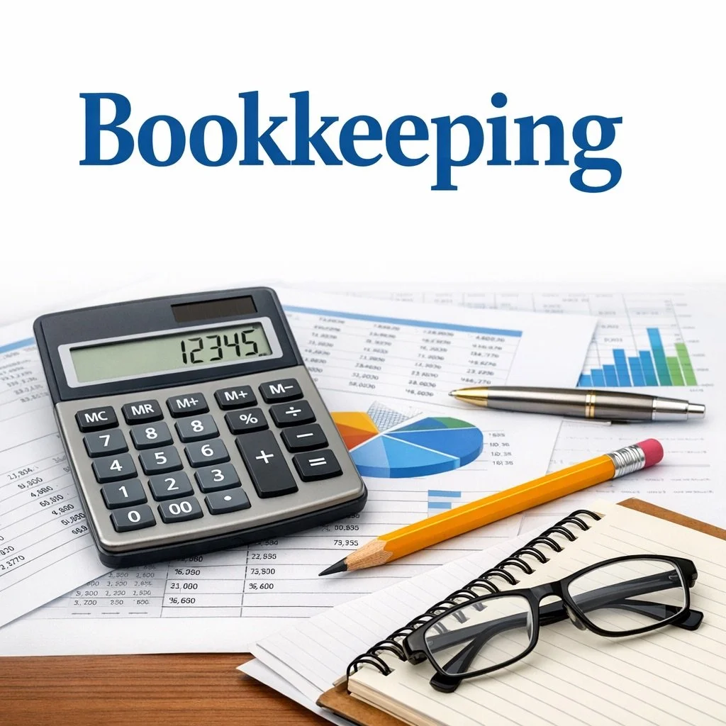 Business office desk with calculator, financial documents with graphs and charts, pencils, eyeglasses, and a spiral notebook, with the word 'Bookkeeping' in large blue letters at the top.