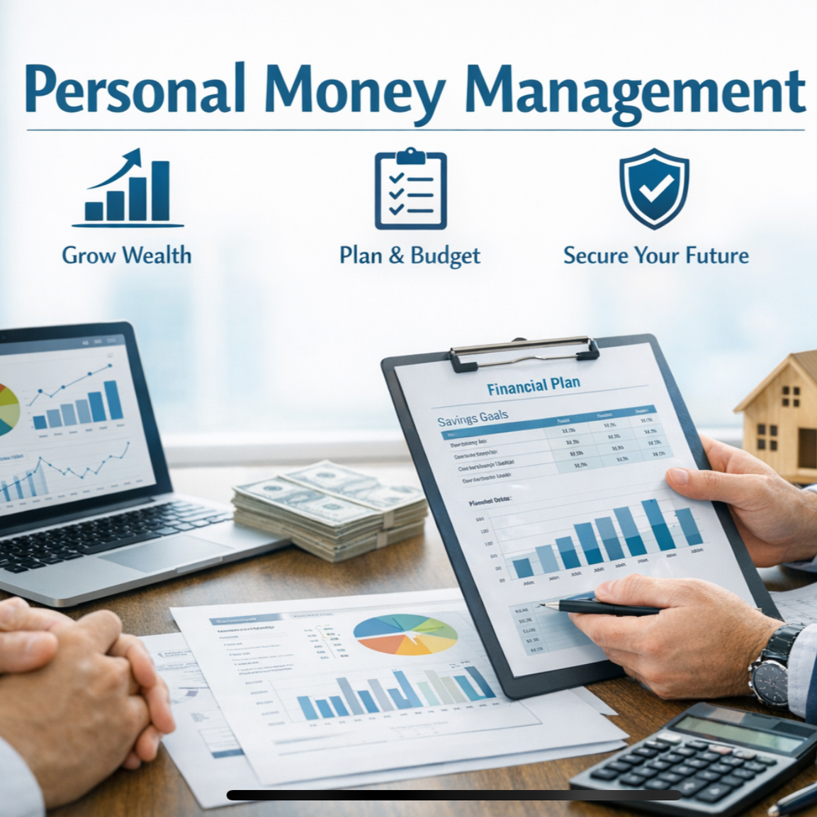 People analyzing financial documents and charts on a digital tablet at a meeting about personal money management, with a laptop, cash, a calculator, and a small house model on a wooden table.