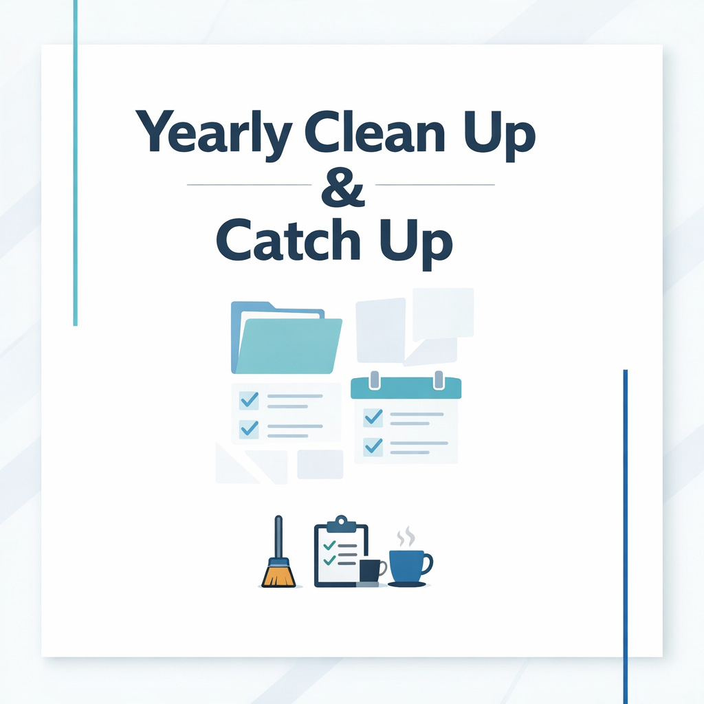 A clean and modern graphic poster titled 'Yearly Clean Up & Catch Up' with icons of a folder, checklist, clipboard, coffee mug, and a broom, indicating organization and cleaning.